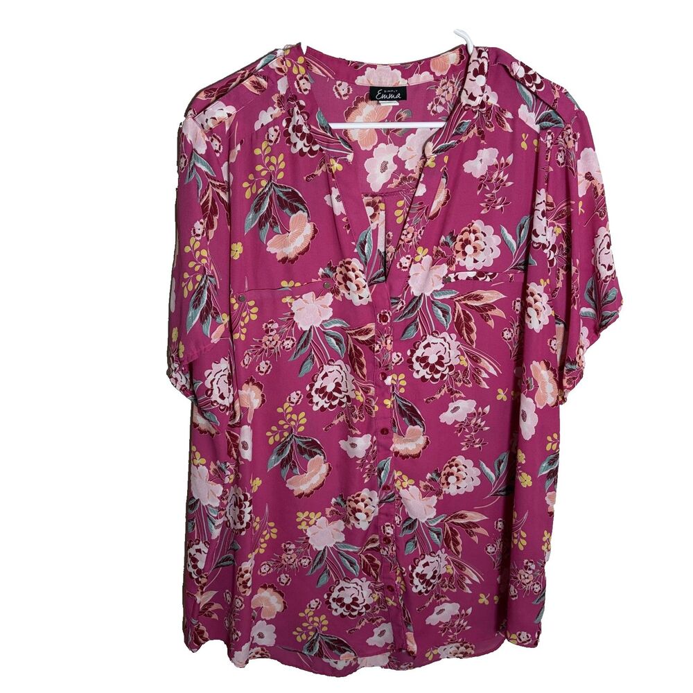 Simply Emma Blouse Women's 3X Pink V-Neck Short Sleeve Floral Top Button Up